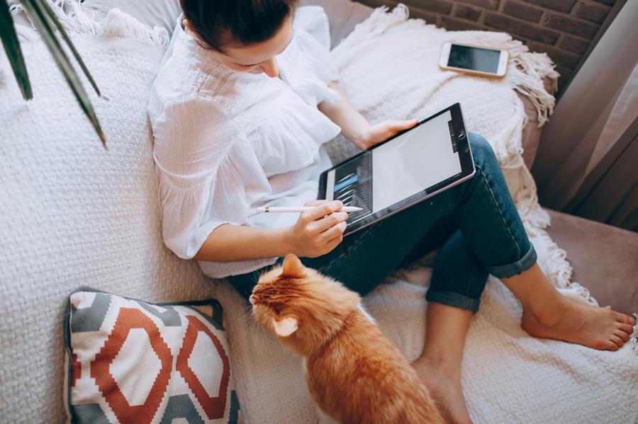 Woman on sofa with tablet and cat